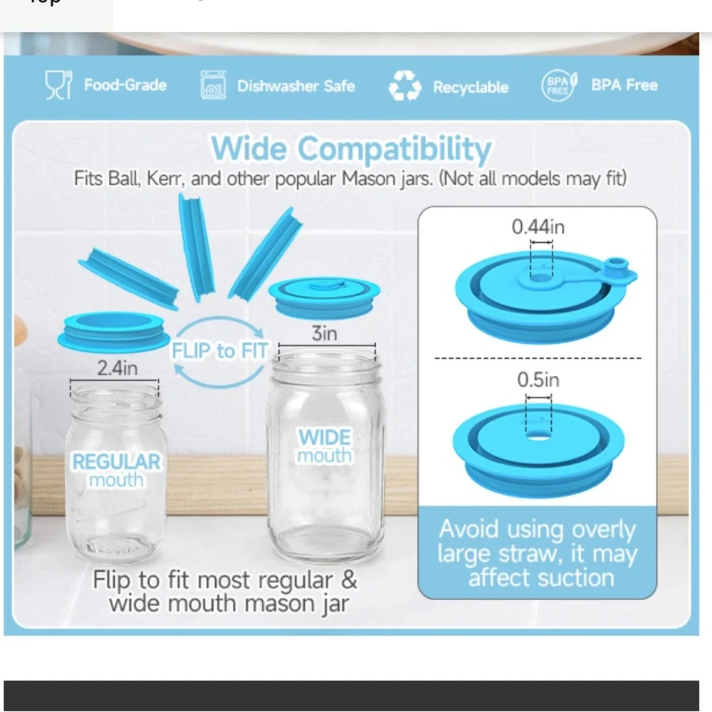 Mason Jar Cover Lid & Plug for Regular & Wide Mouth (Straw & Glass Not Included)